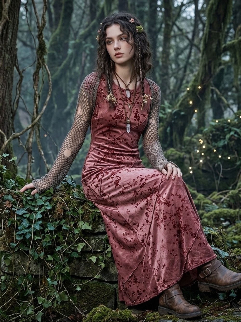 Womens Asymmetric Velvet Burnout Sz XS Forest Fairy Grunge Brown Y2K Maxi Dress